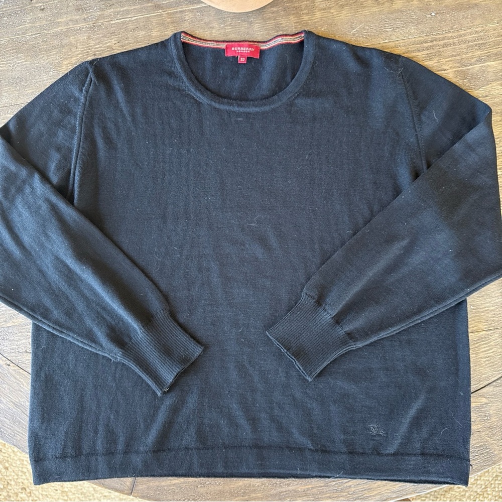 BURBERRY Womens Size 52 Black Merino Wool Crewneck Lightweight Sweater W Logo.